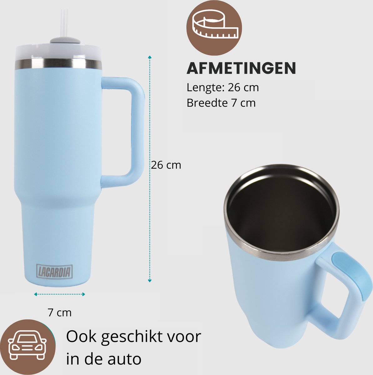 Tumbler met handvat en rietje Licht Blauw 1,2 liter - graveren met NAAM