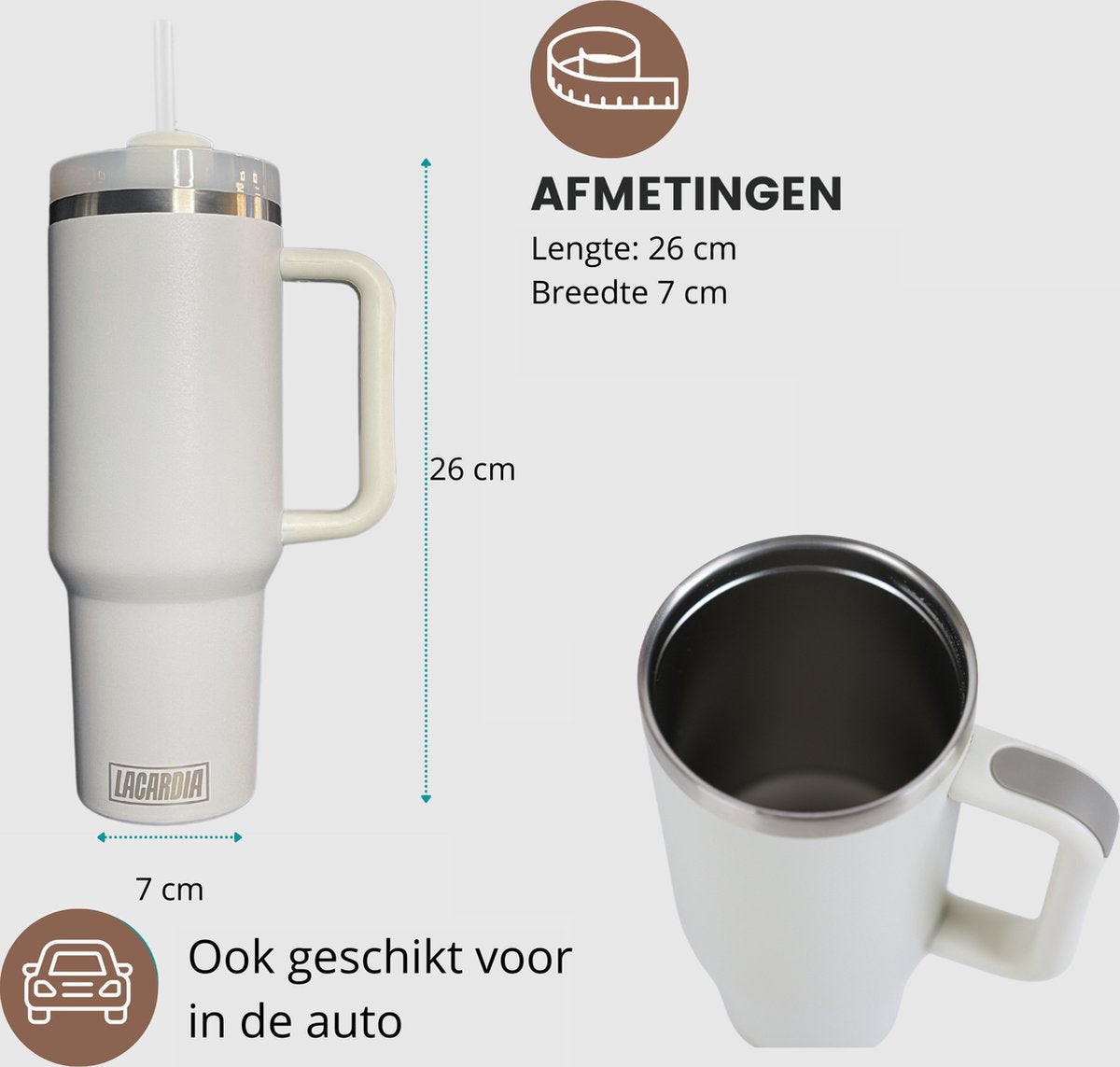 Tumbler met handvat en rietje Wit 1,2 liter - graveren met NAAM