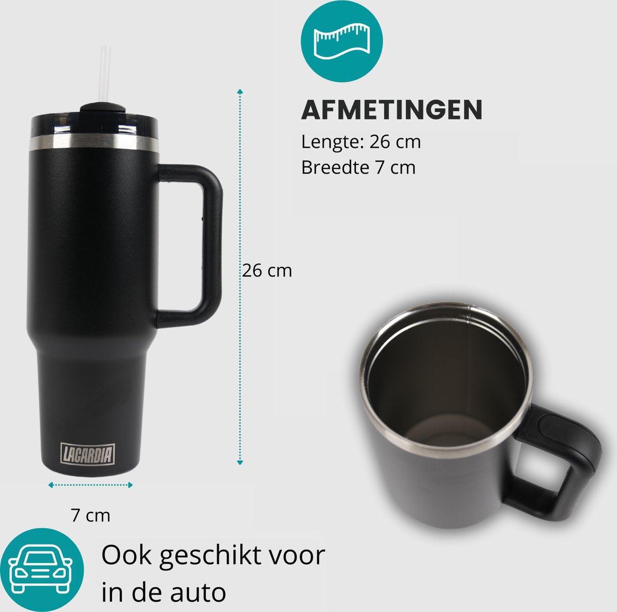 Tumbler met handvat en rietje Zwart 1,2 liter - graveren met NAAM