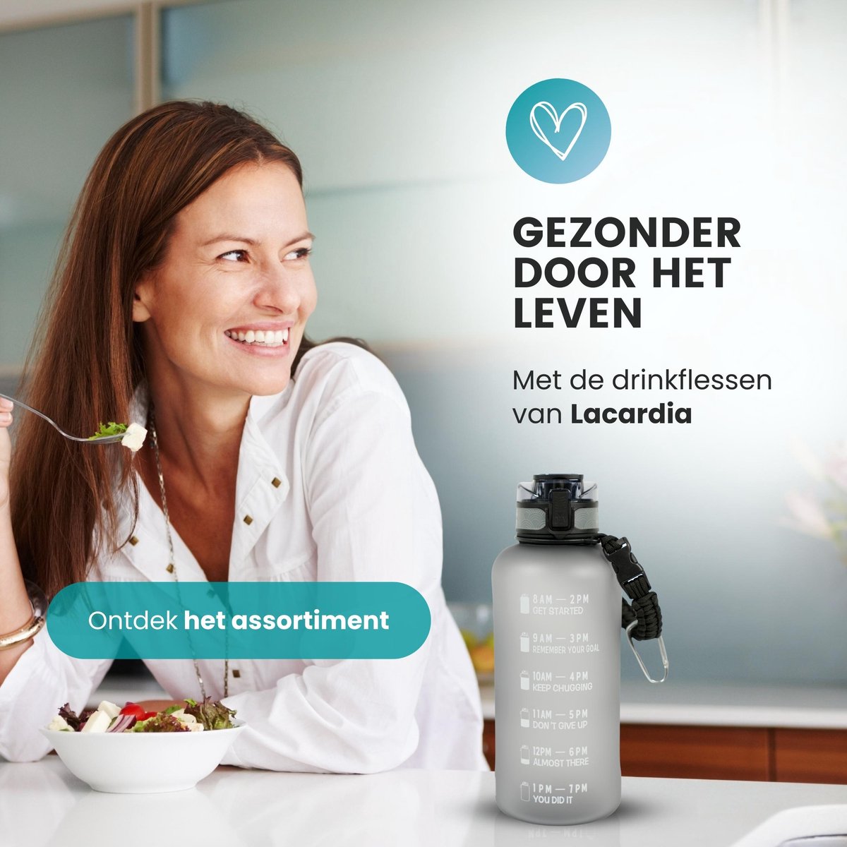 Motivatie Waterfles 2 liter met Tijdsmarkering Grijs