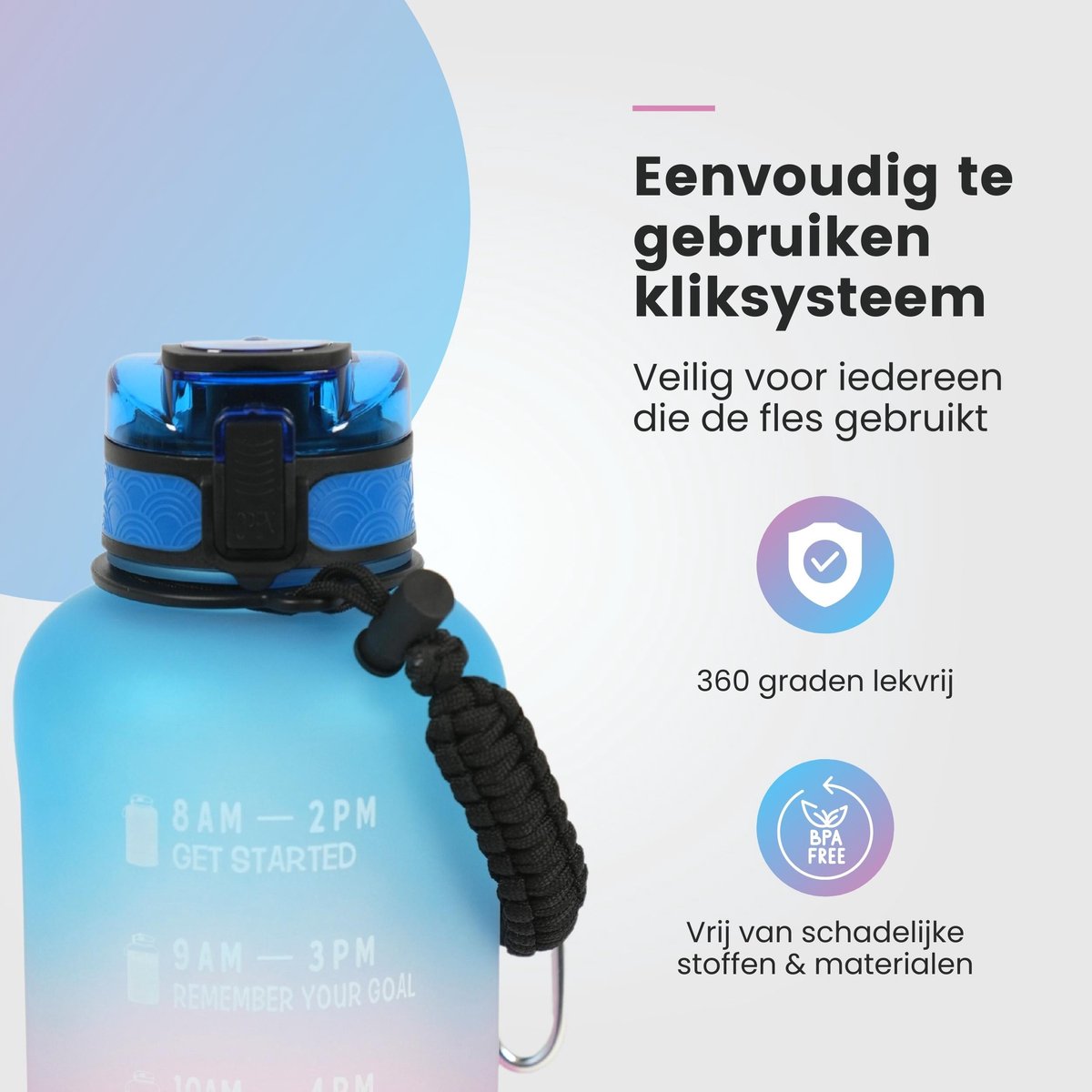 Motivatie Waterfles 2 liter met Tijdsmarkering Blauw Roze