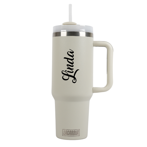 Tumbler met handvat en rietje Creme Beige 1,2 liter - graveren met NAAM
