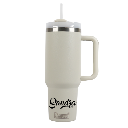 Tumbler met handvat en rietje Creme Beige 1,2 liter - graveren met NAAM
