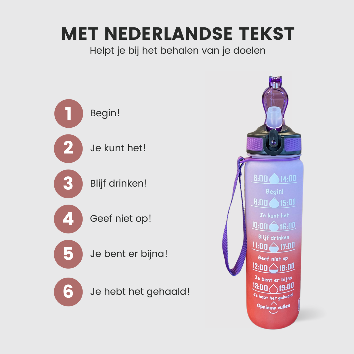 Motivatie Waterfles met Nederlandse Tijdsmarkering met Rietje Paars Oranje