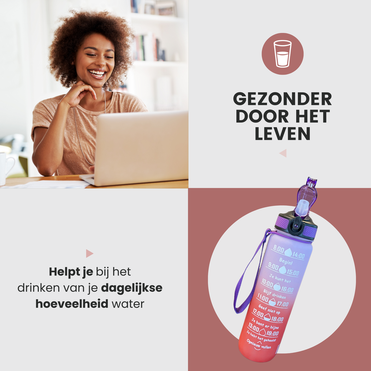 Motivatie Waterfles met Nederlandse Tijdsmarkering met Rietje Paars Oranje