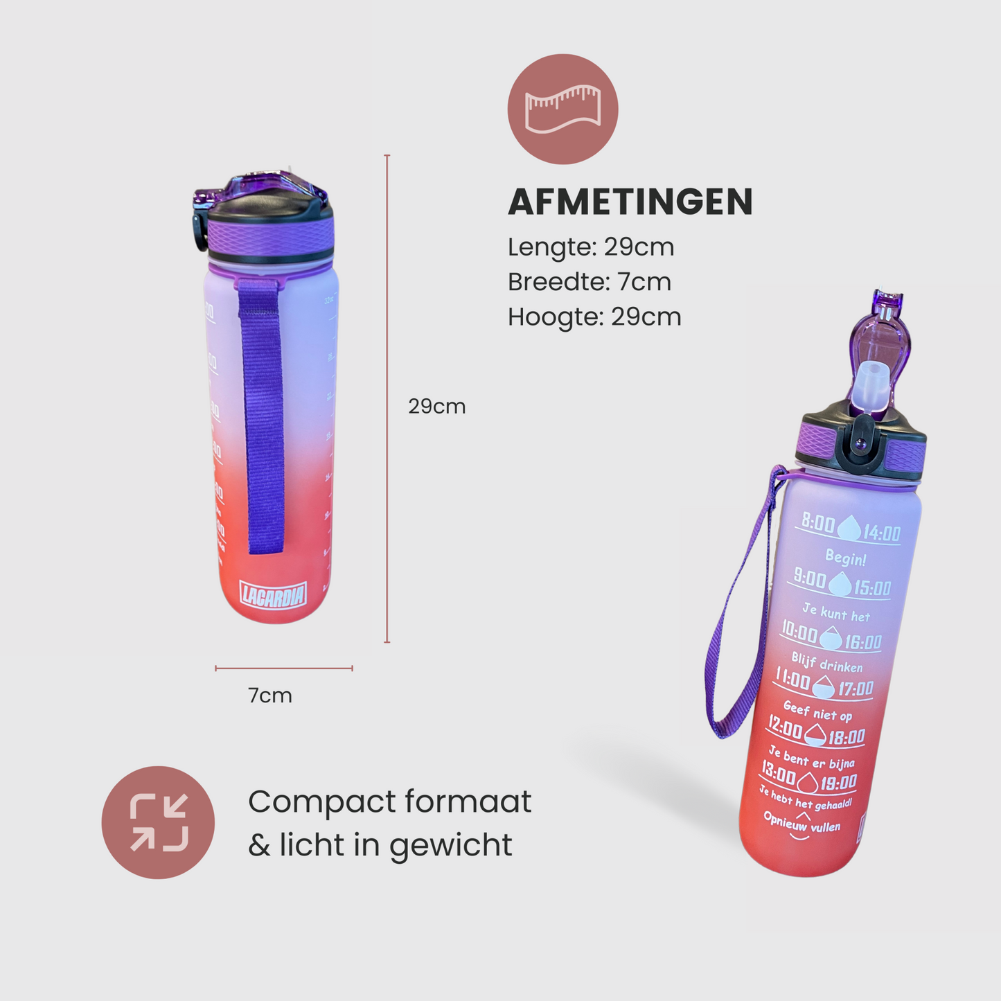 Motivatie Waterfles met Nederlandse Tijdsmarkering met Rietje Paars Oranje
