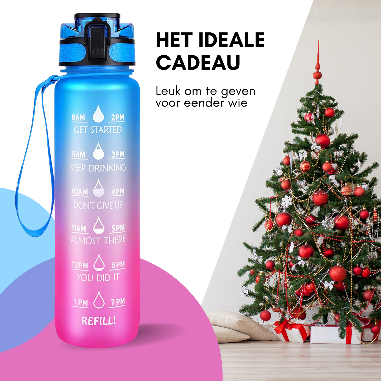 Motivatie Waterfles met tijdsmarkering Blauw Roze