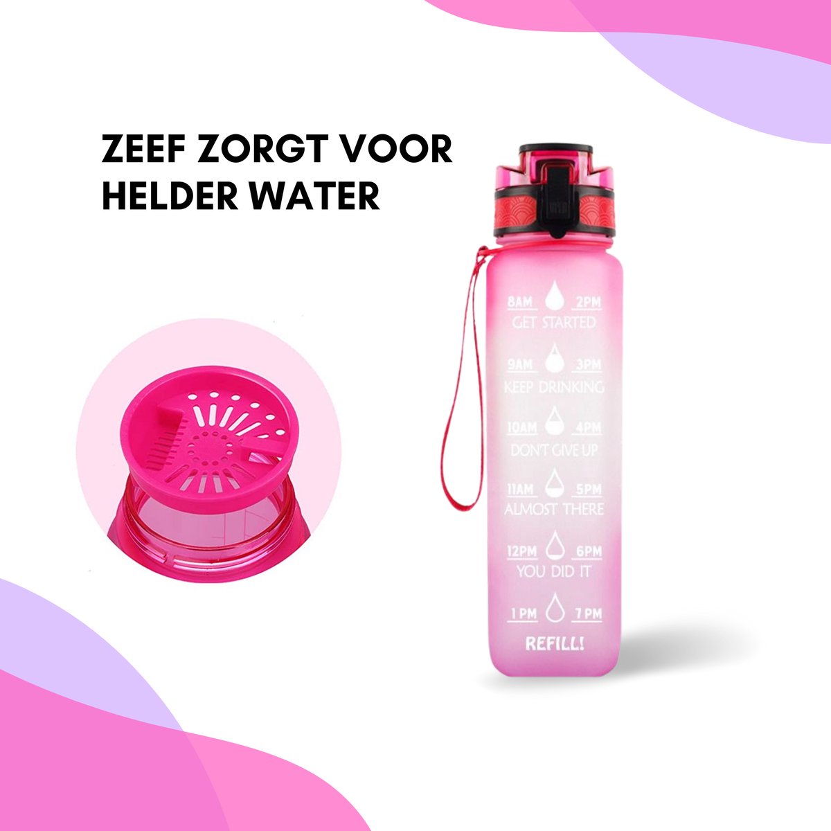 Motivatie Waterfles met tijdsmarkering Roze