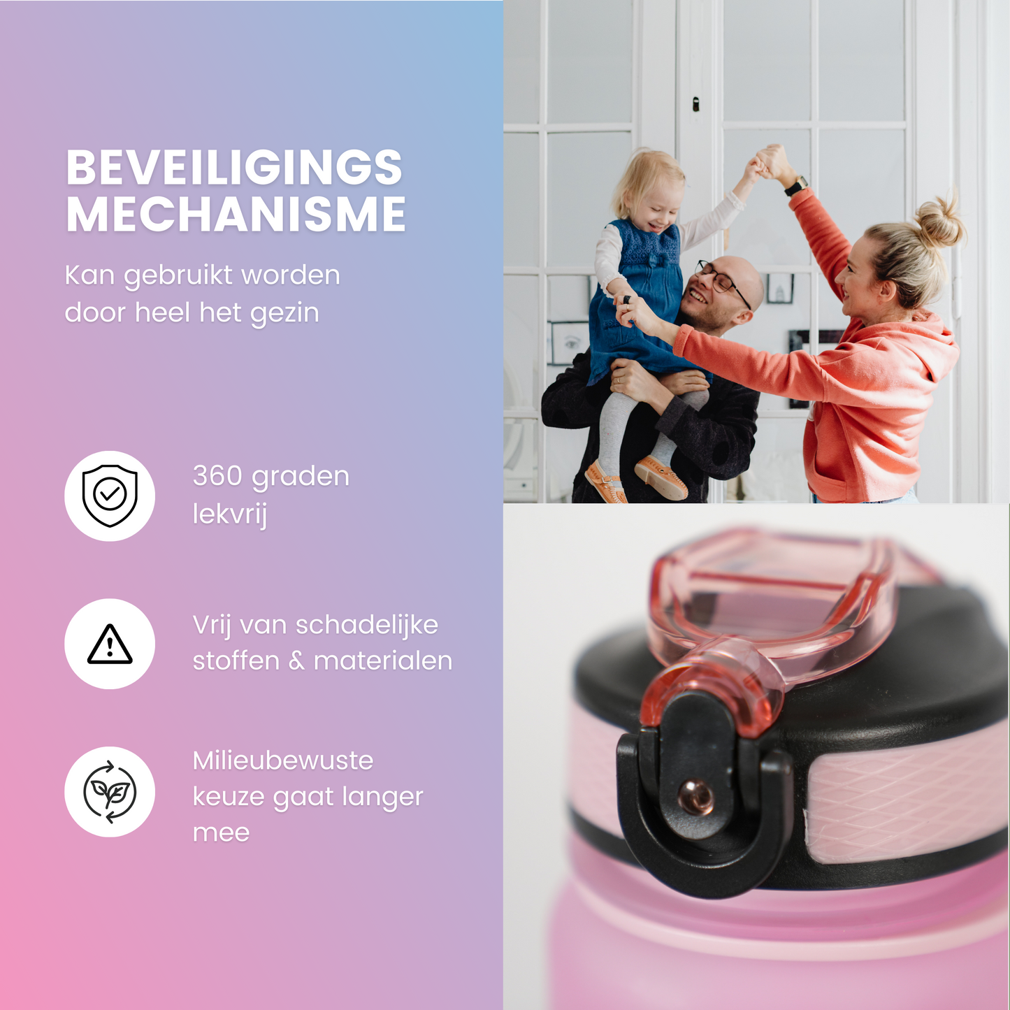 Motivatie Waterfles met Nederlandse Tijdsmarkering met Rietje Roze Blauw