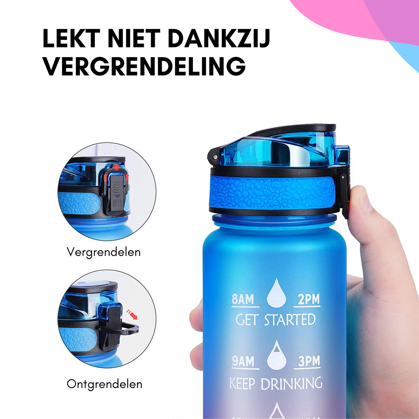 Motivatie Waterfles met tijdsmarkering Blauw Roze