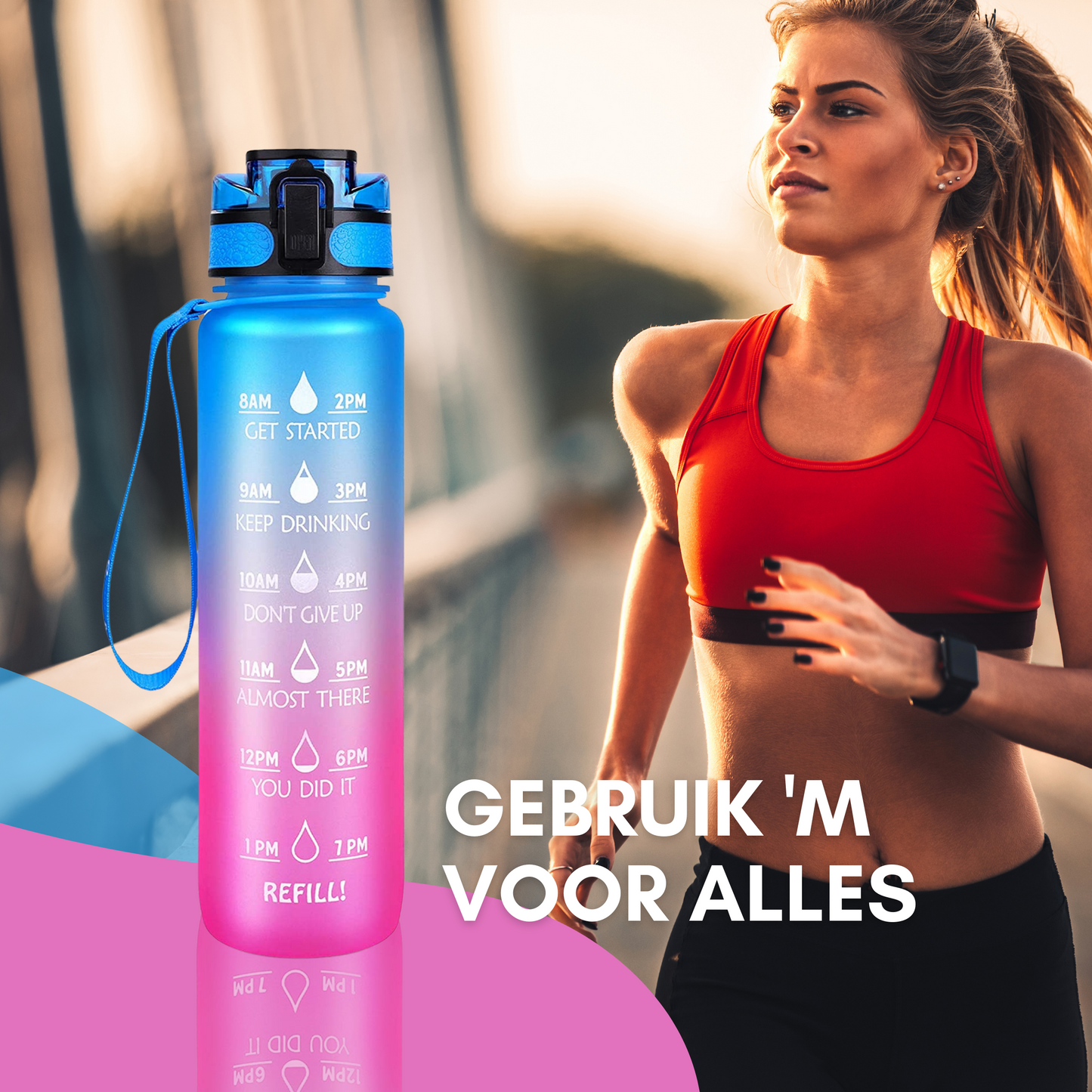 Motivatie Waterfles met tijdsmarkering Blauw Roze