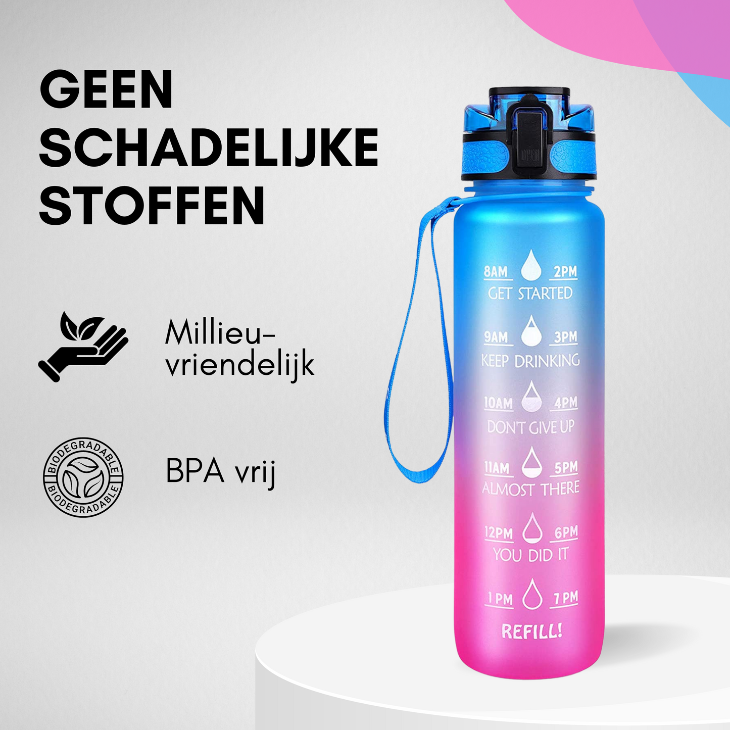 Motivatie Waterfles met tijdsmarkering Blauw Roze