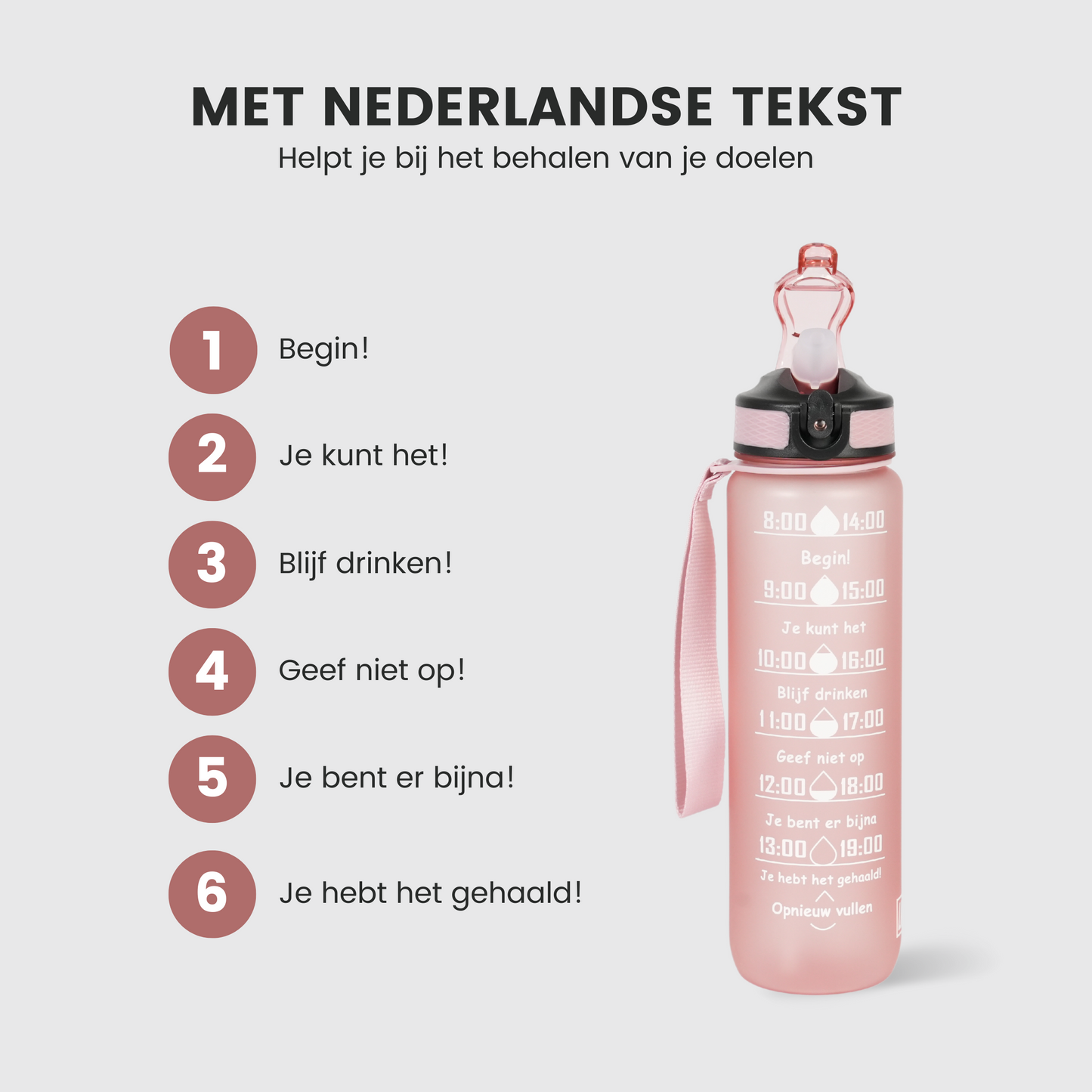 Motivatie Waterfles met Nederlandse Tijdsmarkering met Rietje Rosé Gold