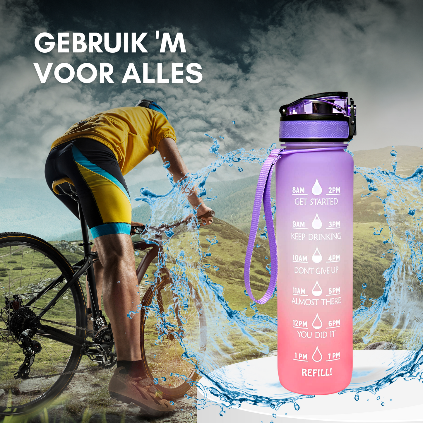 Motivatie Waterfles met tijdsmarkering Paars Oranje