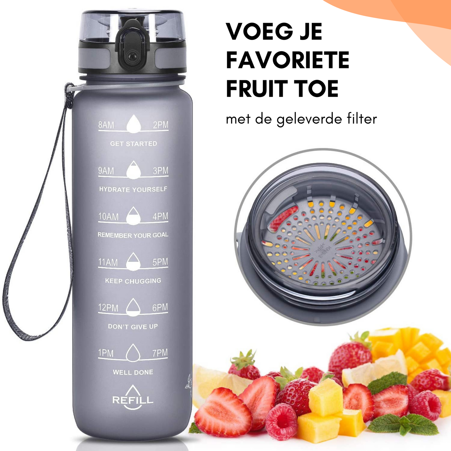 Motivatie Waterfles met tijdsmarkering Grijs