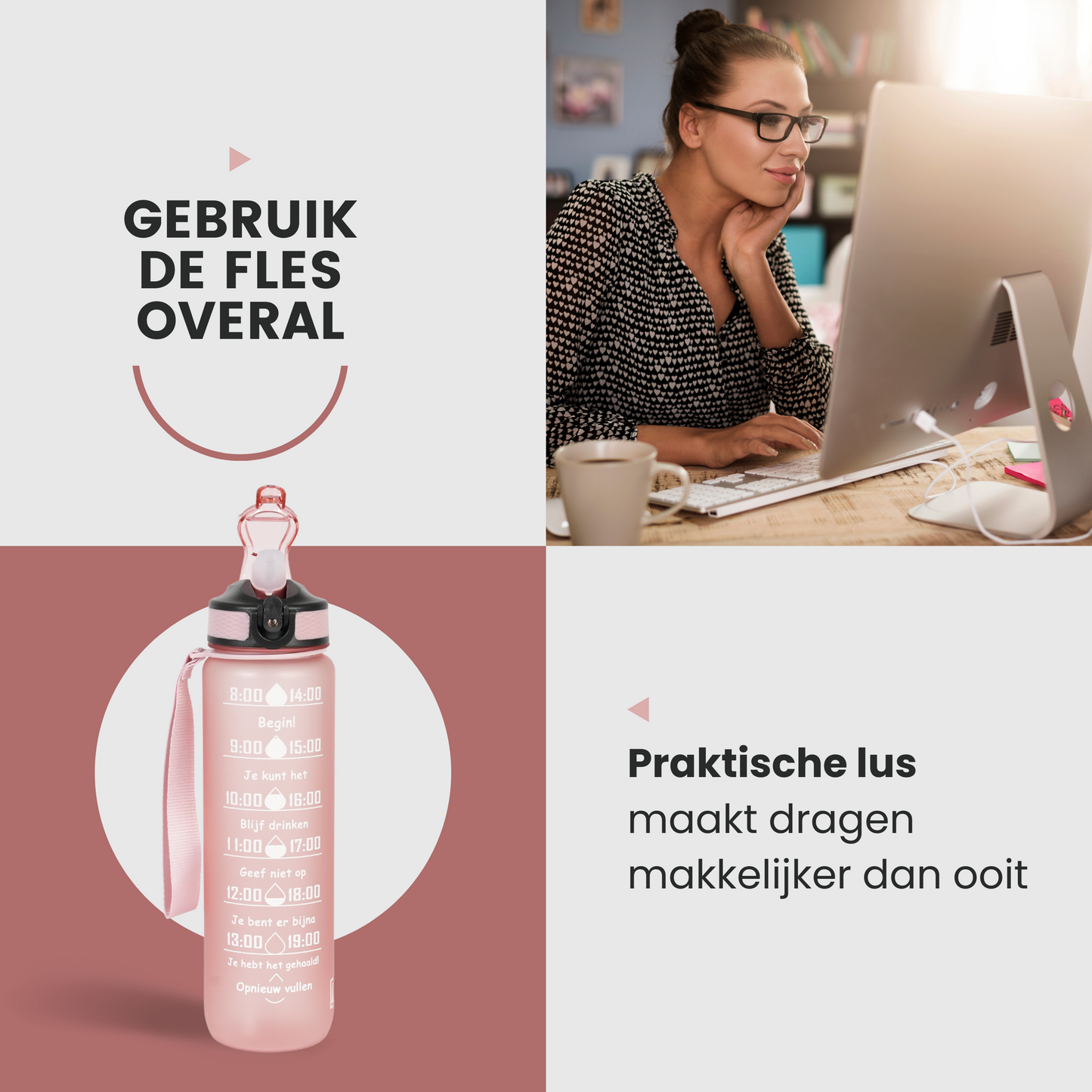 Motivatie Waterfles met Nederlandse Tijdsmarkering met Rietje Rosé Gold