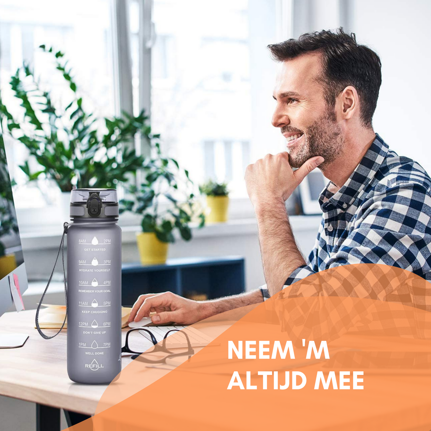 Motivatie Waterfles met tijdsmarkering Grijs