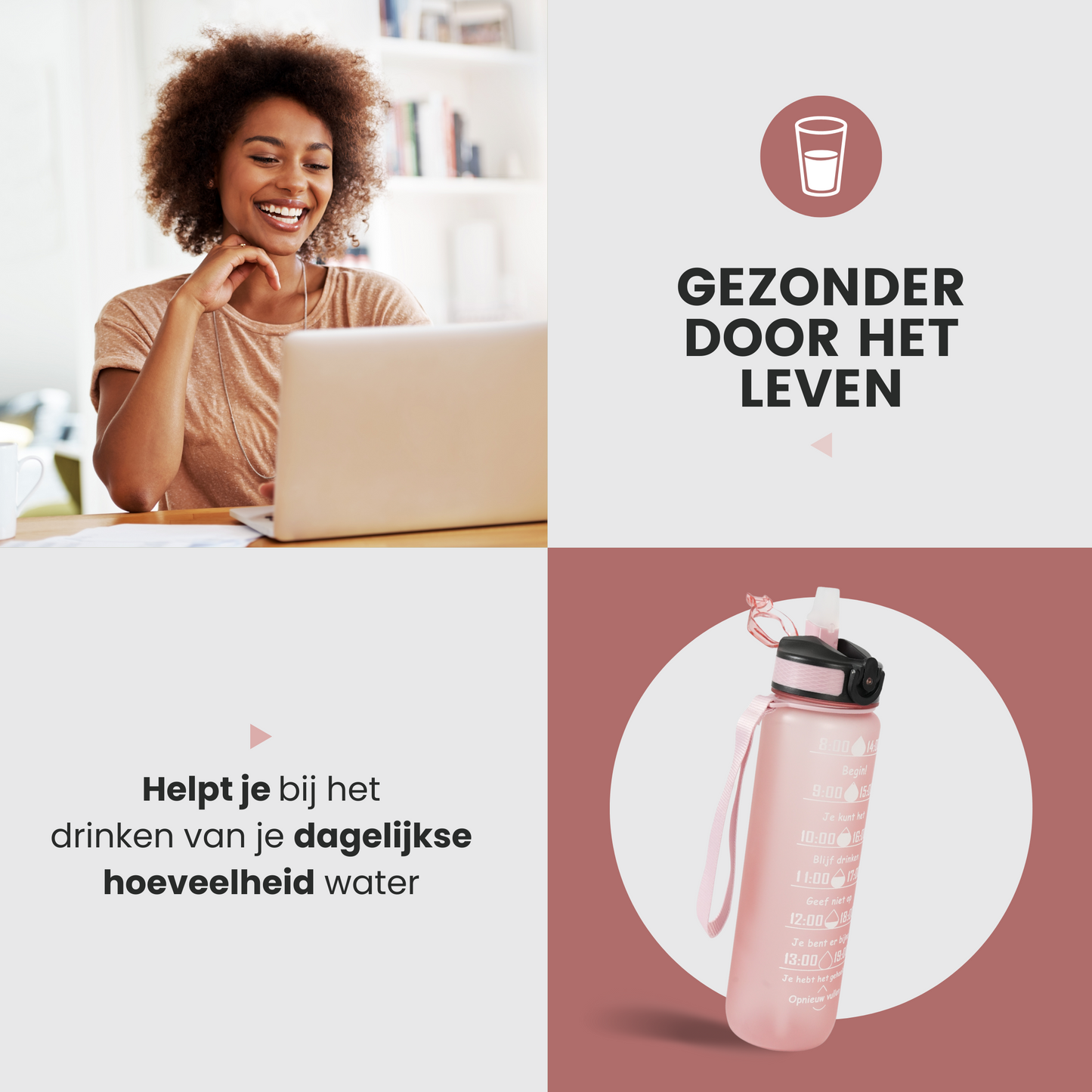 Motivatie Waterfles met Nederlandse Tijdsmarkering met Rietje Rosé Gold