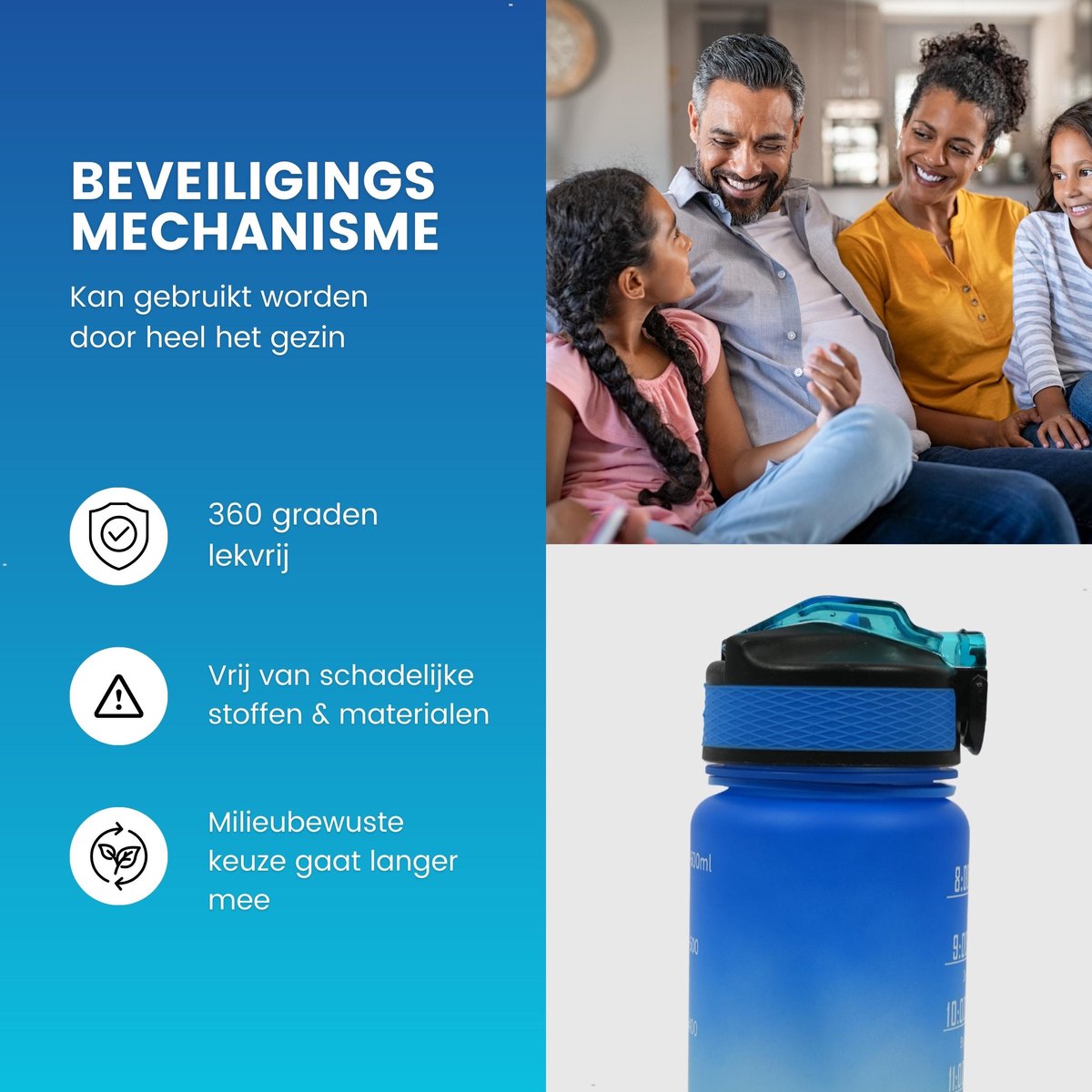 Motivatie Waterfles met Nederlandse Tijdsmarkering met Rietje 600ml Blauw