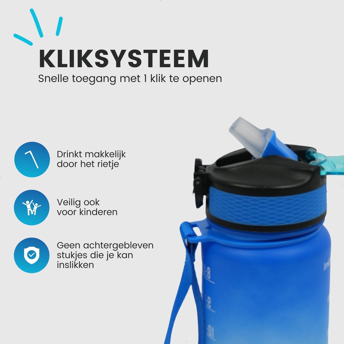 Motivatie Waterfles met Nederlandse Tijdsmarkering met Rietje 600ml Blauw
