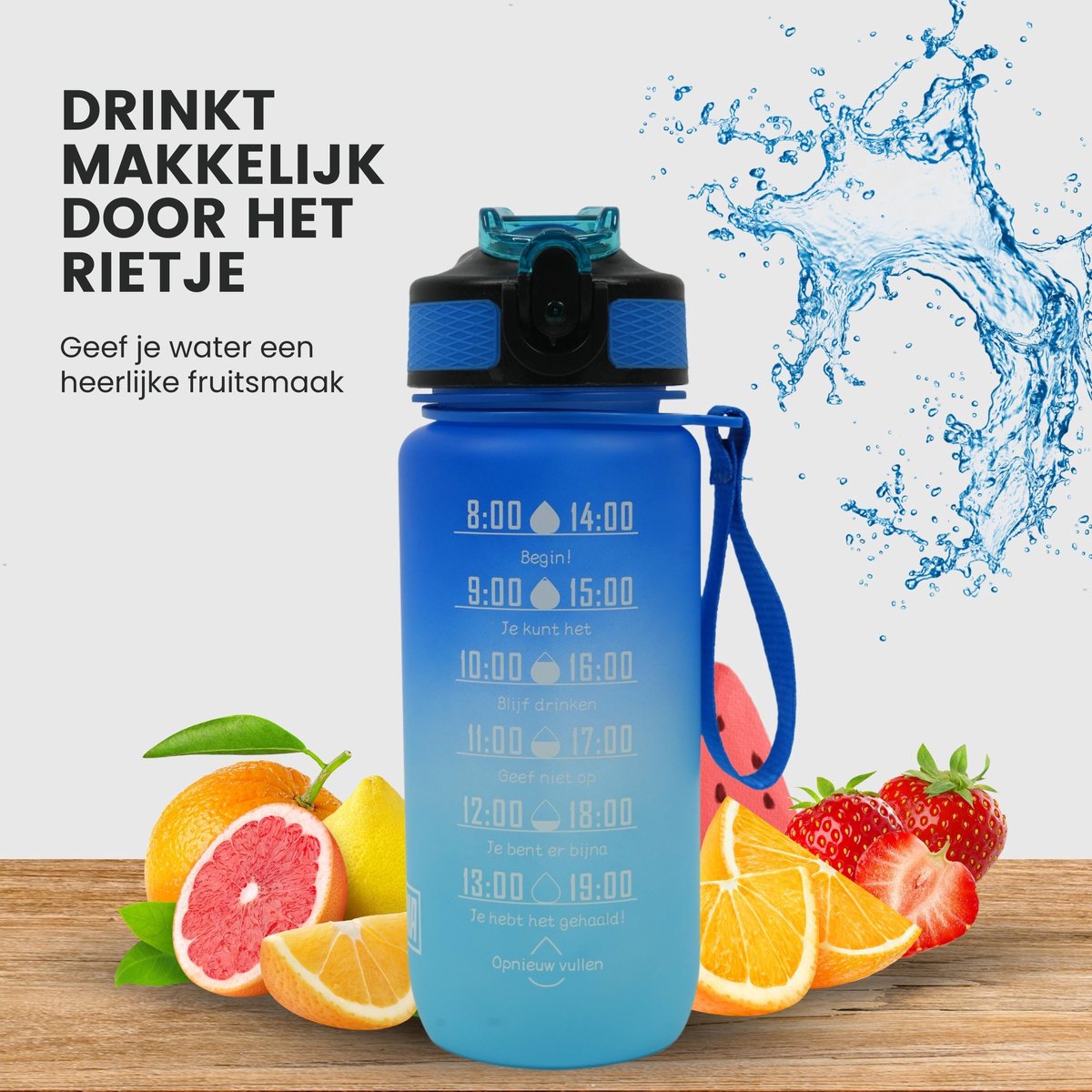 Motivatie Waterfles met Nederlandse Tijdsmarkering met Rietje 600ml Blauw