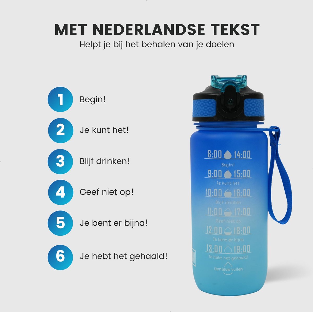 Motivatie Waterfles met Nederlandse Tijdsmarkering met Rietje 600ml Blauw
