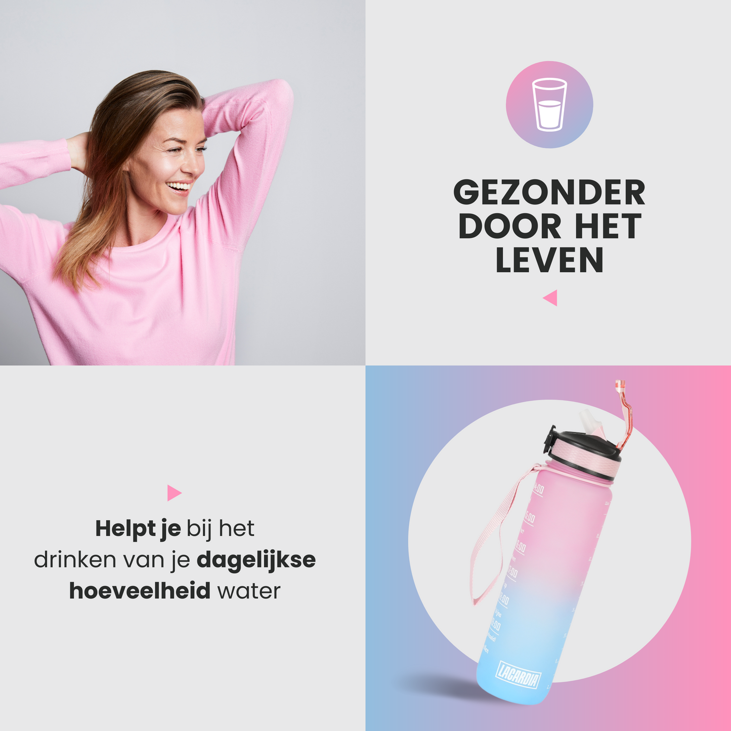 Motivatie Waterfles met Nederlandse Tijdsmarkering met Rietje Roze Blauw