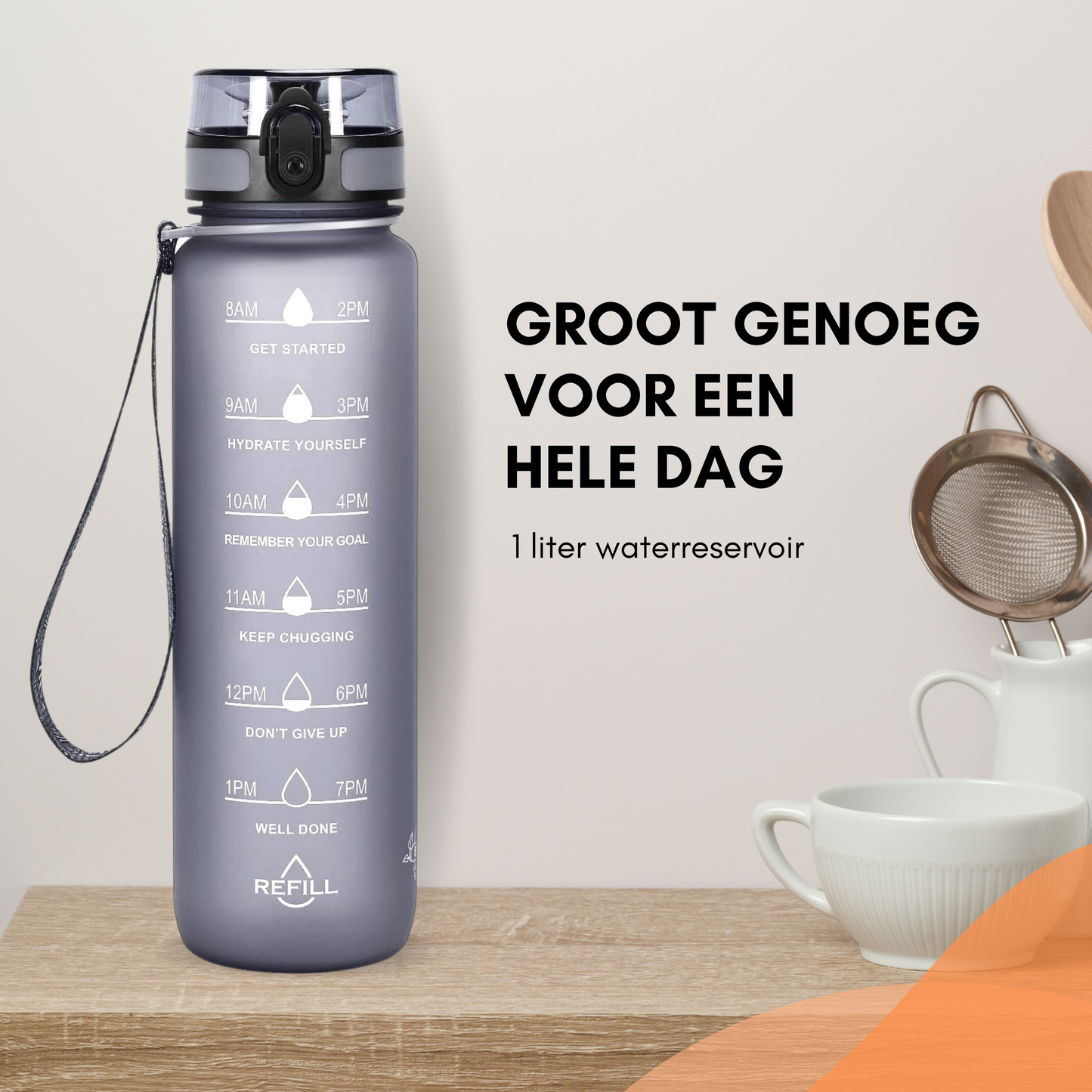 Motivatie Waterfles met tijdsmarkering Grijs