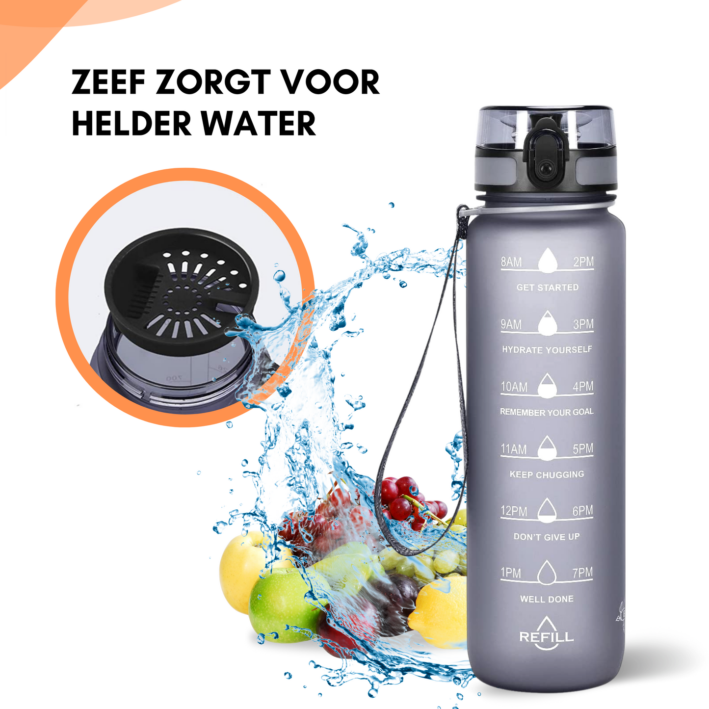 Motivatie Waterfles met tijdsmarkering Grijs