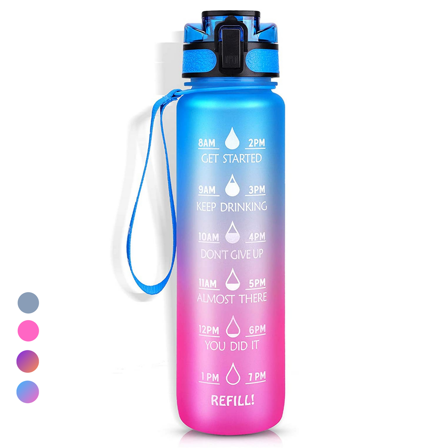 Motivatie Waterfles met tijdsmarkering Blauw Roze