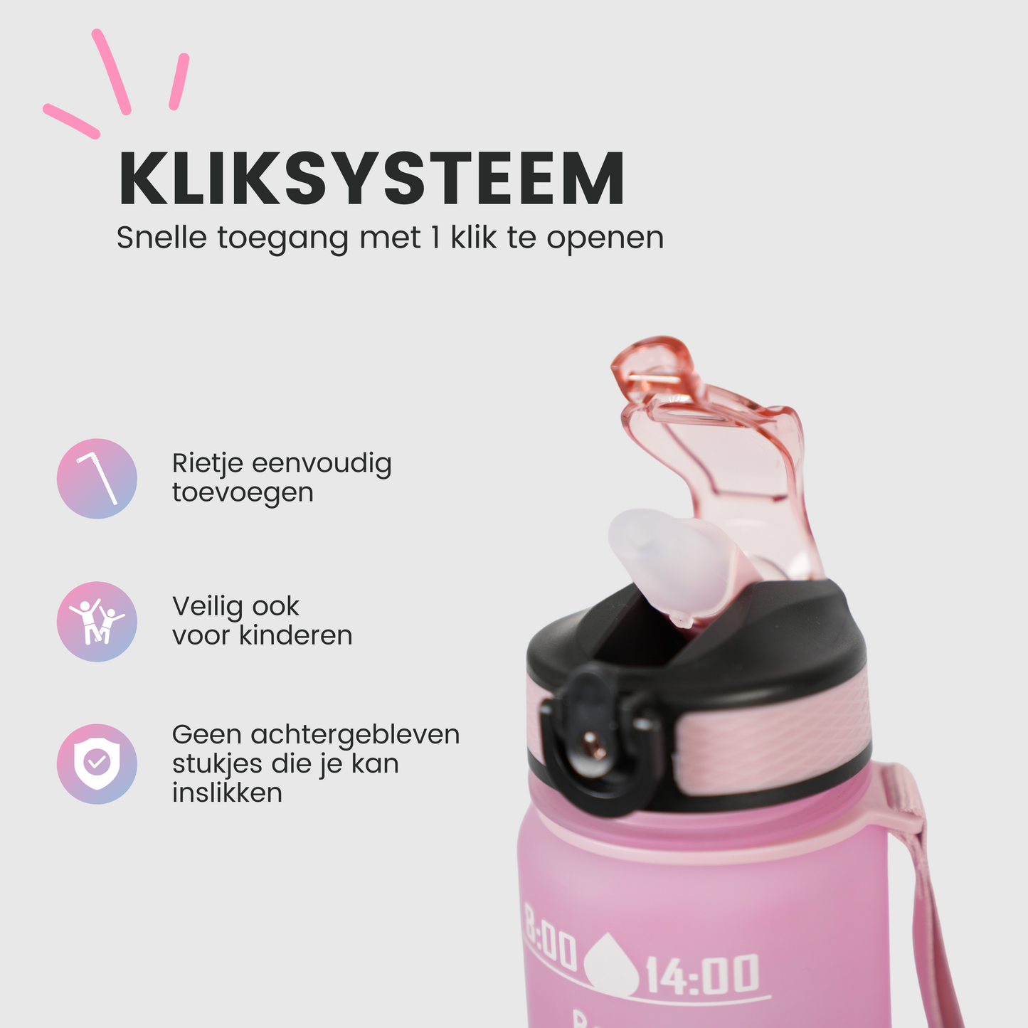 Motivatie Waterfles met Nederlandse Tijdsmarkering met Rietje Roze Blauw