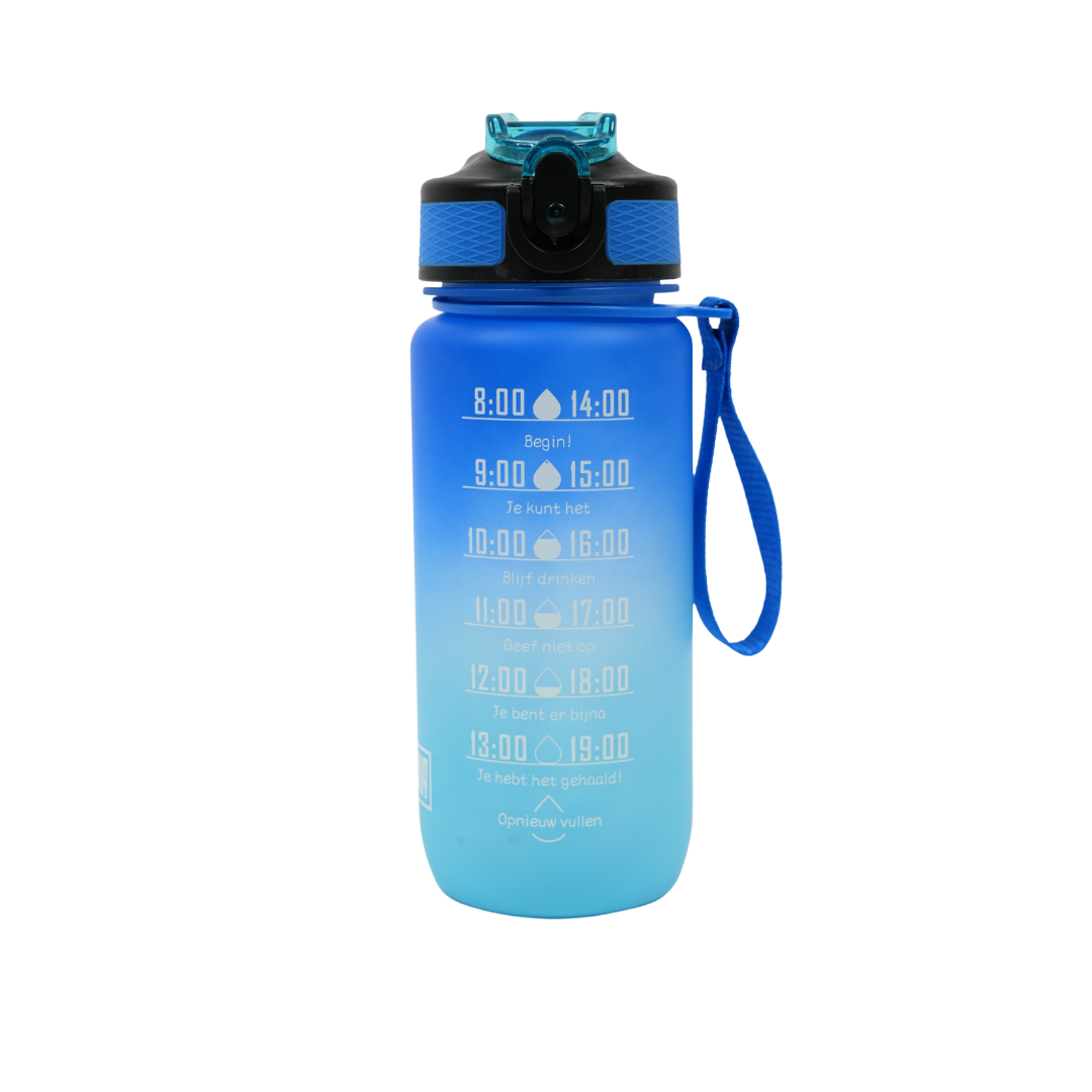 Motivatie Waterfles met Nederlandse Tijdsmarkering met Rietje 600ml Blauw