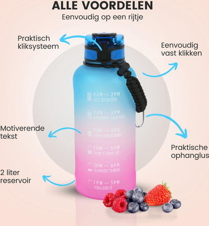 Motivatie Waterfles 2 liter met Tijdsmarkering  Blauw Roze