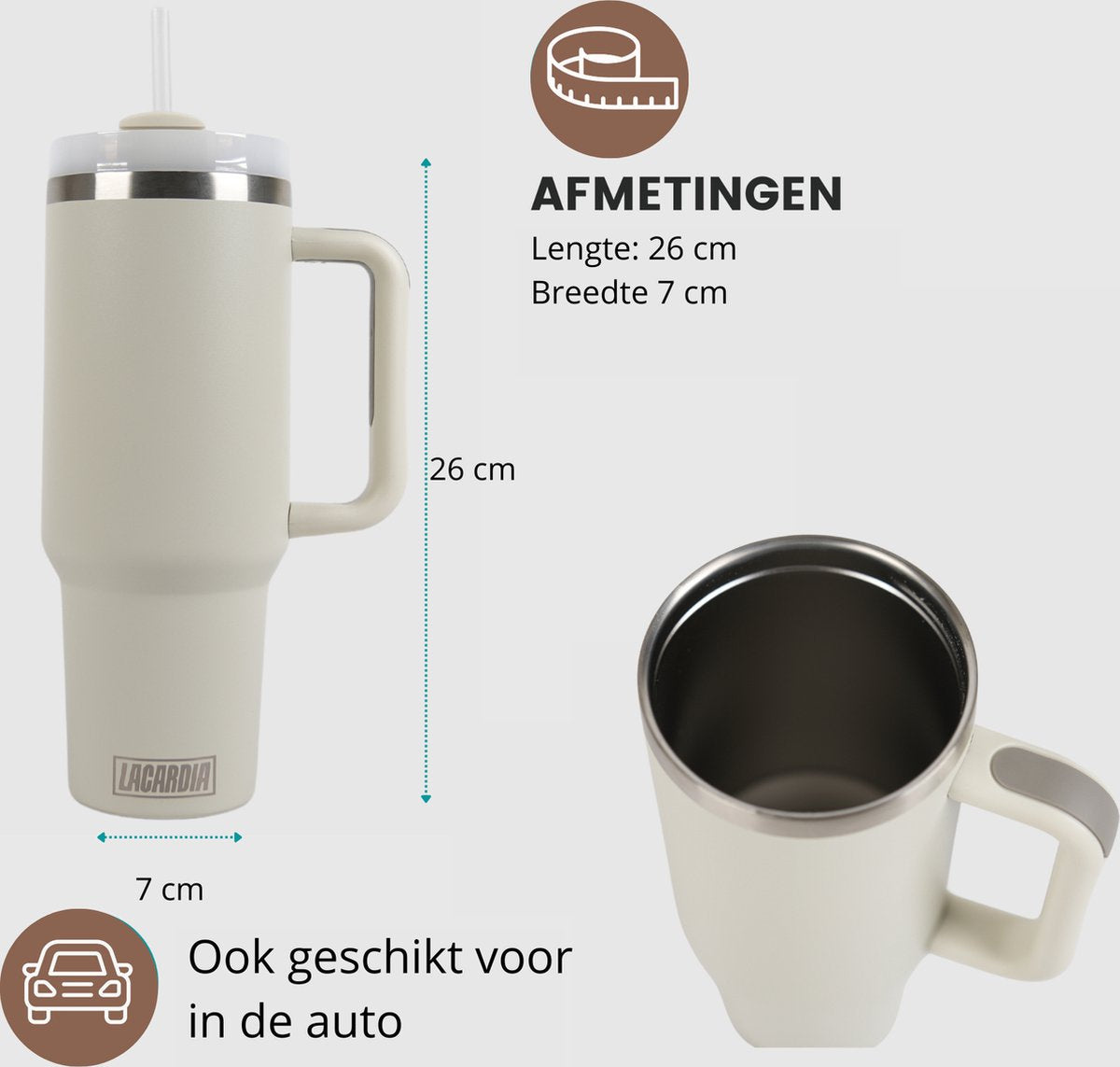 Tumbler met handvat en rietje Creme Beige 1,2 liter