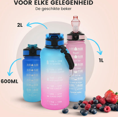 Motivatie Waterfles 2 liter met Tijdsmarkering  Blauw Roze