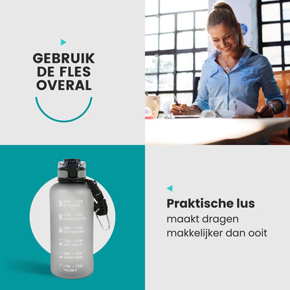 Motivatie Waterfles 2 liter met Tijdsmarkering  Grijs