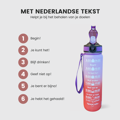 Motivatie Waterfles met Nederlandse Tijdsmarkering met Rietje Paars Oranje