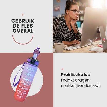 Motivatie Waterfles met Nederlandse Tijdsmarkering met Rietje Paars Oranje
