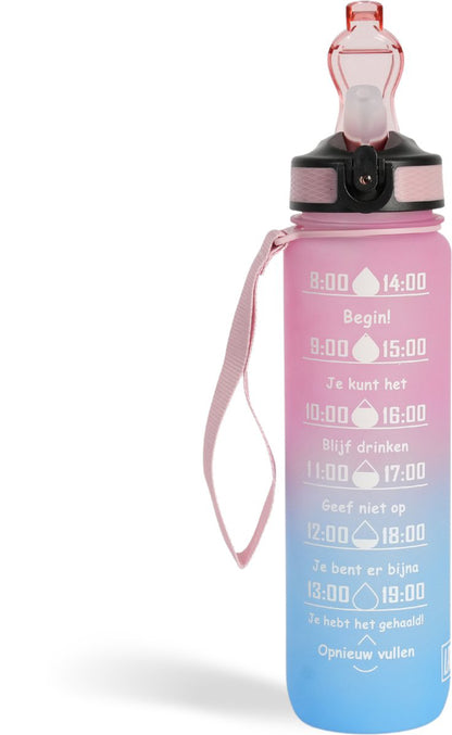 Motivatie fles met rietje met tekst 25 roze blauw, 25 oranje paars, 50 grijs