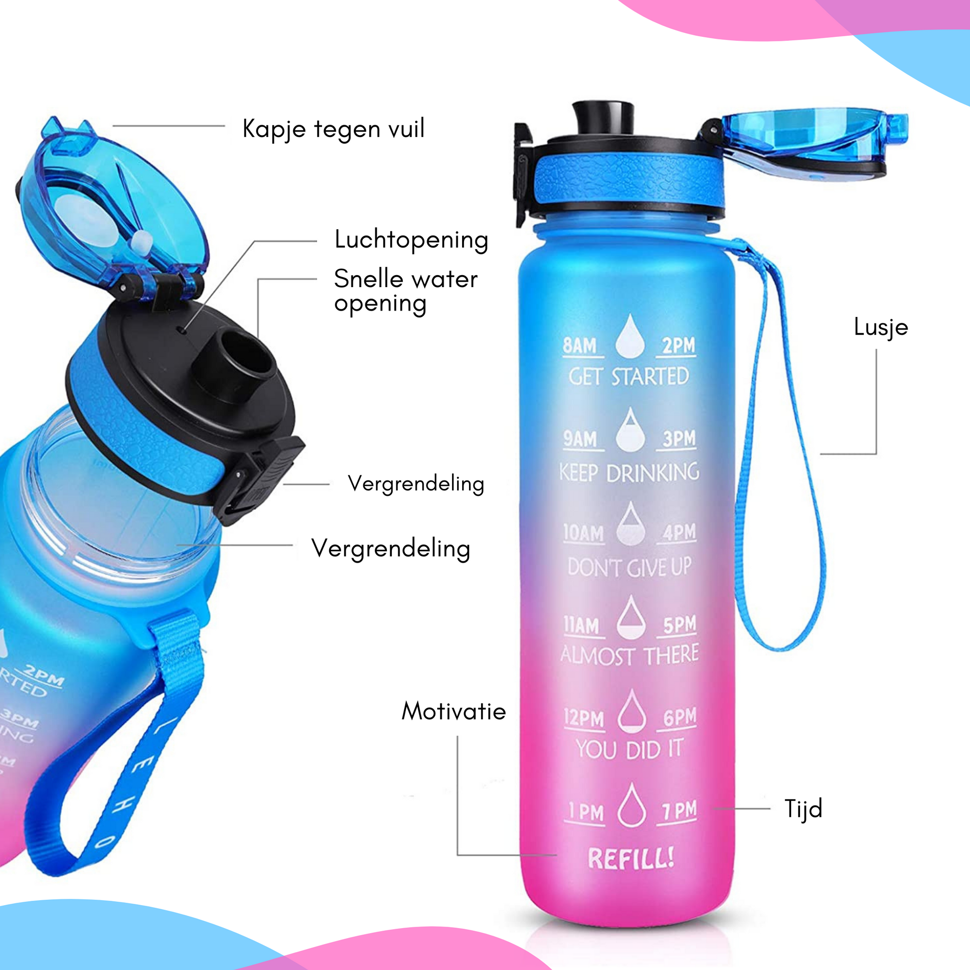 Water Bottle • drinkfles • 100 % lekvrij • grijs, roze of