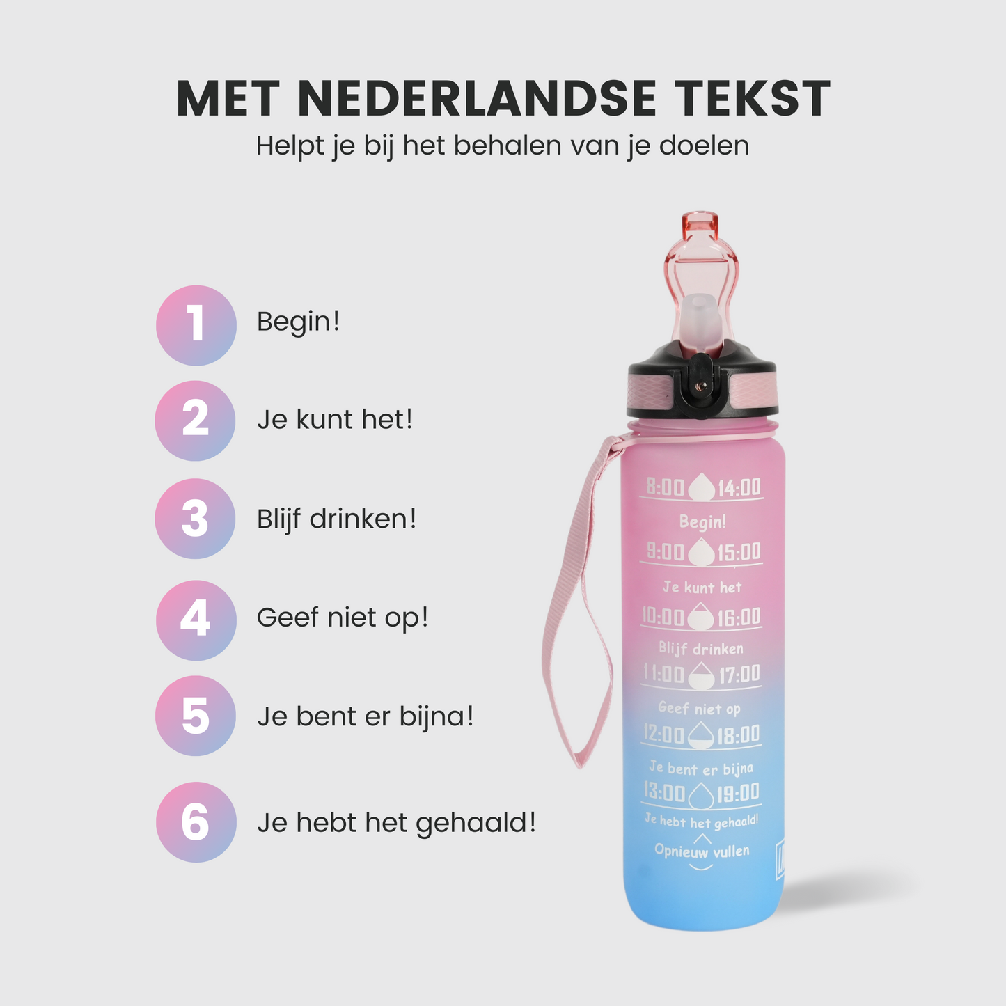 Motivatie Waterfles met Nederlandse Tijdsmarkering met Rietje Roze Blauw