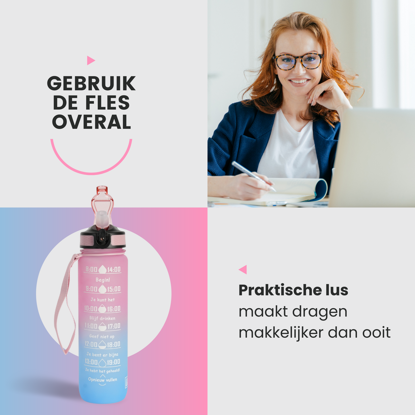 Motivatie Waterfles met Nederlandse Tijdsmarkering met Rietje Roze Blauw