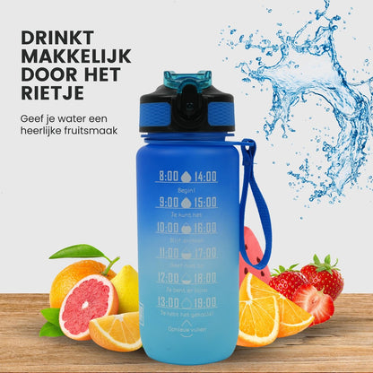 Motivatie Waterfles met Nederlandse Tijdsmarkering met Rietje 600ml Blauw