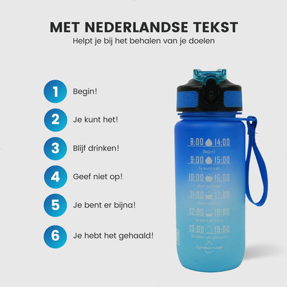 Motivatie Waterfles met Nederlandse Tijdsmarkering met Rietje 600ml Blauw