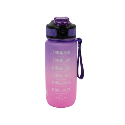 Motivatie Waterfles met Nederlandse Tijdsmarkering met Rietje 600ml Roze Paars