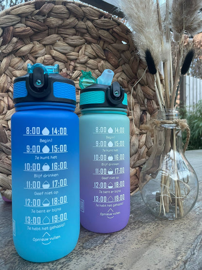 Motivatie Waterfles met Nederlandse Tijdsmarkering met Rietje 600ml Blauw